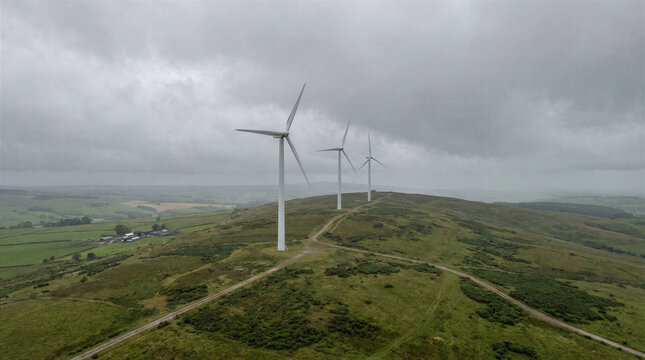 Aerial Wind Farm Across Rural Highland Landscape