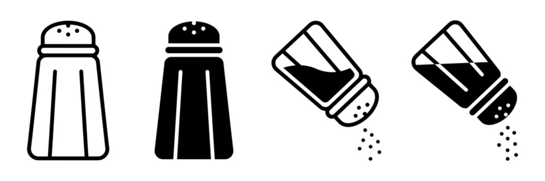 Minimalist salt shaker icons, black and white condiment dispenser vector set, kitchen seasoning shaker symbols for restaurant menus