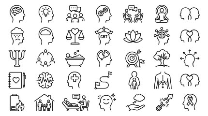 Fototapeta premium Mental health line icons set, psychology and therapy vector symbols, 35 wellness and counseling outline signs for healthcare apps