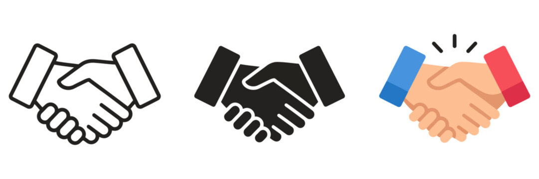 Professional handshake icon set, business partnership agreement symbols, 3 vector handshake styles for corporate deal and cooperation