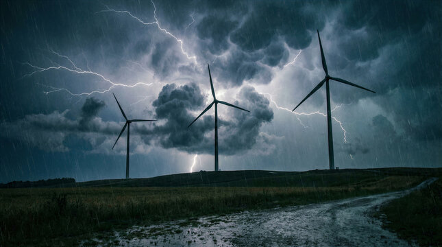 Wind Turbines During Lightning Storm and Heavy Rain