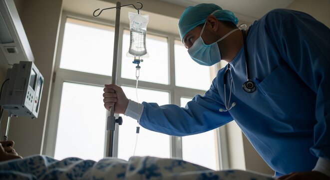 Doctor wearing scrubs and mask leans over patient in hospital bed near IV drip and monitor
