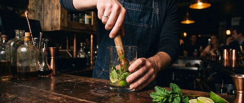 Barista uses wooden muddler to crush fresh mint and lime in glass for mojito cocktail on dark textured bar counter with bokeh lights.