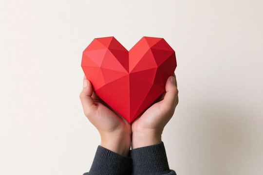Heart held in hands as a red geometric paper shape representing love and charity
