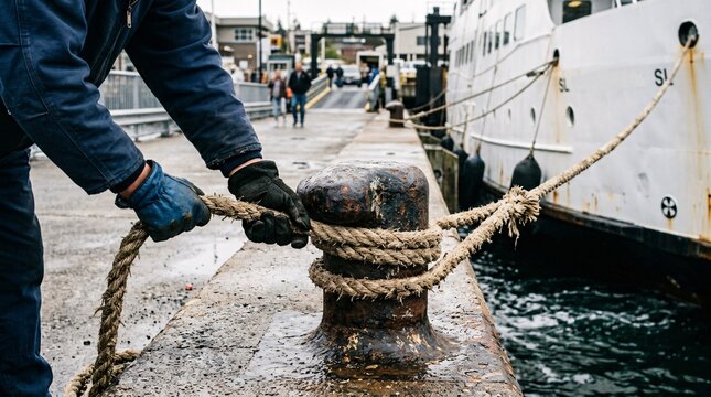 Dock worker wearing heavy gloves securely tying a thick mooring rope to a rusty metal bollard at the harbor.