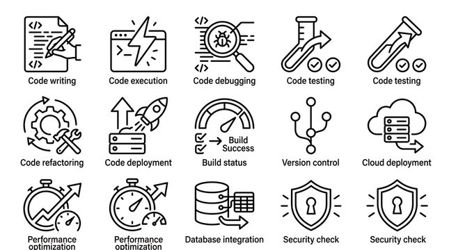 Software Development Lifecycle and Coding Line Icon Set