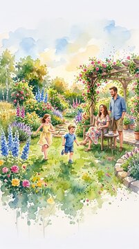 A family with two children enjoys a sunny day in a lush garden filled with flowers. This watercolor painting evokes joy, peace, and togetherness. Ideal for lifestyle or family content.