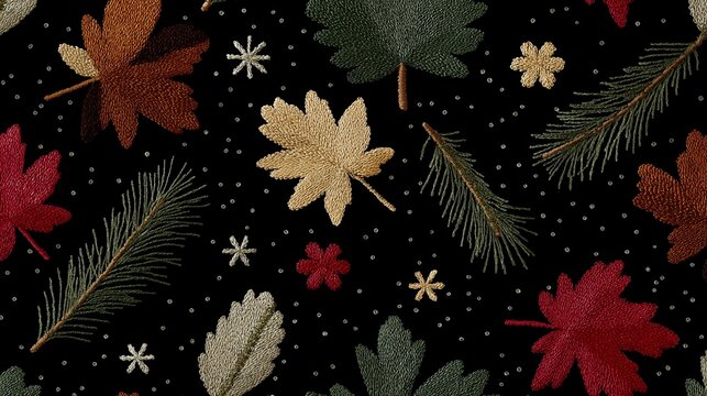 Embroidery background combining stitched autumn leaves and patterns