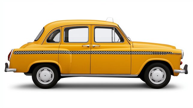 Yellow vintage taxi cab side view isolated on white background