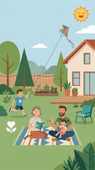 Fototapeta premium Family enjoys sunny day backyard with kite and books. This scene conveys happiness, leisure, and bonding. Perfect for lifestyle blogs or family-oriented advertisements.