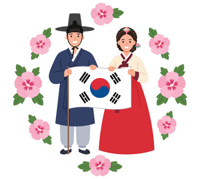 Korean couple in classic hanbok attire holding taegeukgi flag surrounded by pink hibiscus flower wreath
