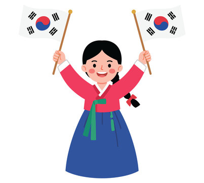 Cute young korean girl in red and blue hanbok happily raising two national flags for celebration