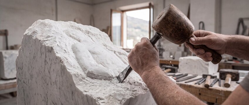 Stone sculptor using traditional wooden mallet and steel chisel to carve intricate figure from large white marble block in sunlit studio