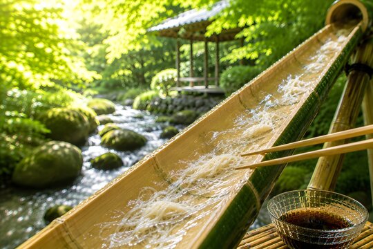 Nagashi Somen Noodles Flowing Through Bamboo in a Refreshing Japanese Summer Garden