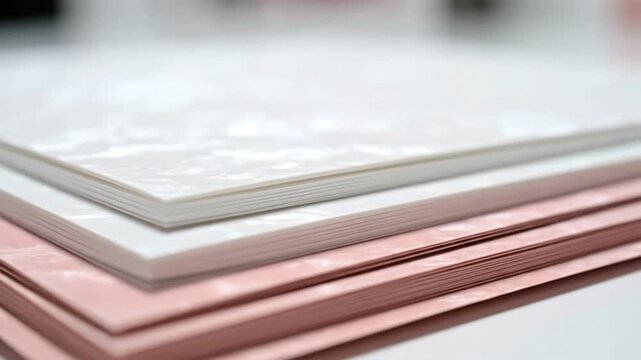 Close-up perspective of stacked pink and white paper sheets revealing detailed texture for stationery or craft projects