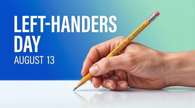 Left-Handers Day August 13 banner, person writing with left hand on blue background, international left handers day celebration