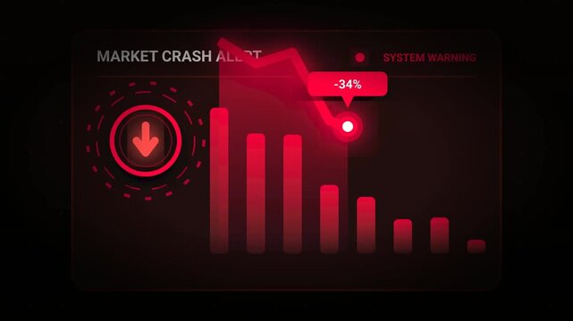 Neon Red Dashboard UI, Glowing Downward Chart & Market Crash Data