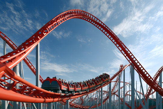 Amusement park with rollercoaster and blue sky. 3D render, AI-generated