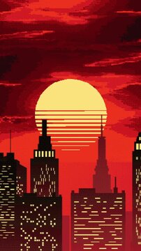 8-bit looping animation with a metropolis and skyscrapers at sunset. Retro pixel background. 9x16 format.