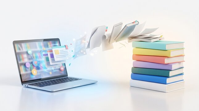 Education: Digital learning connects colorful textbooks with an interactive laptop platform