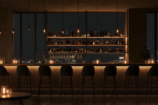 A nighttime scene in the bar, featuring chairs and lighting. The bar counter is in the dim background, with empty, luxurious-looking chairs in a restaurant that seems deserted