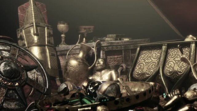 A collection of ancient items is shown in a dark space. Gold and silver artifacts, vessels, and jewelry are scattered around. The setting suggests an undiscovered treasure site.