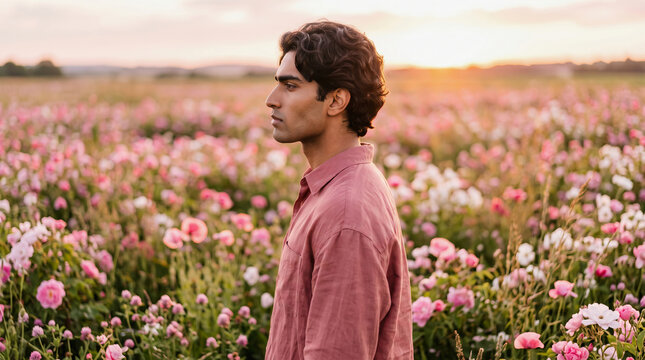 Young man in profile stands calmly amidst a vast field of pink and white flowers at sunset.