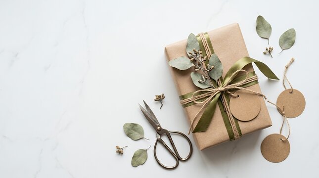 A beautifully wrapped gift box with green ribbon and eucalyptus leaves on a white marble surface.