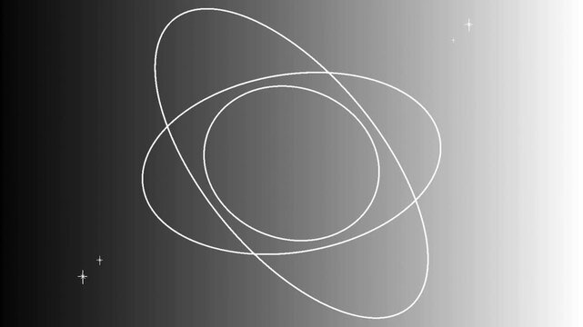 Animated atom model rotating within a gradient gray background featuring glowing particles and thin white orbital rings captured in this smooth digital motion video footage showcasing elegant scientif