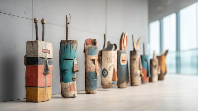 Collection of colorful, weathered wooden masks displayed indoors near a large window