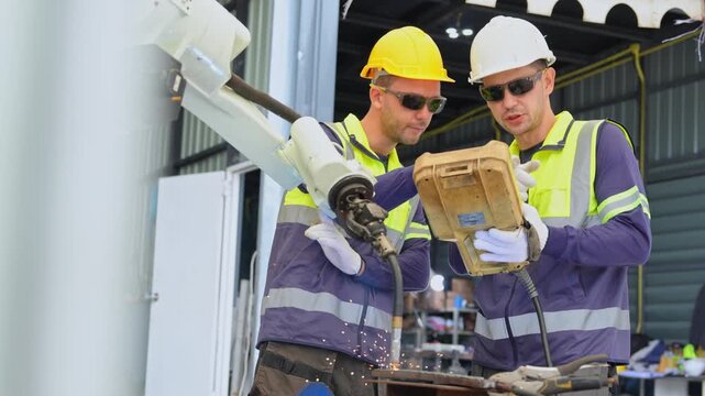 Two experienced professionals working together on a welding task in an industrial workshop environment