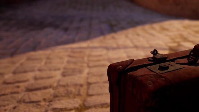 An old suitcase sits on a cobblestone road as evening light casts shadows. The surrounding area features nearby buildings, creating a cozy atmosphere.