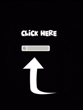 Motion graphic arrow pointing up to search bar and click here text animation isolated on black background
