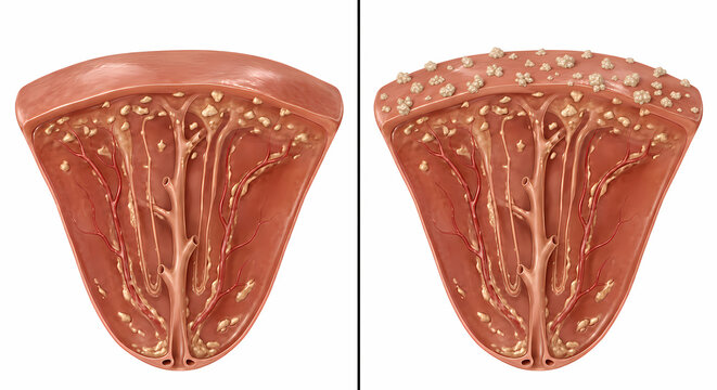 Comparative medical illustration of kidney Randall plaque formation and calcium crystal attachment in renal papilla