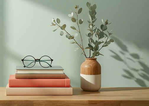 Eyeglasses on a book and a flower vase on a work desk.