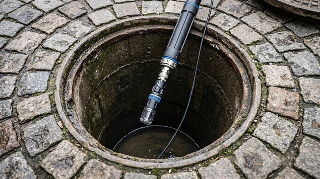 Specialized plumbing inspection camera on a cable being lowered into an open street manhole for sewer line diagnosis.