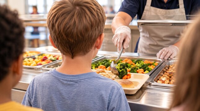 Gesundes Schulessen: Ein Junge steht an der Essensausgabe in der Schulkantine und w&auml;hlt frisches Essen am Buffet