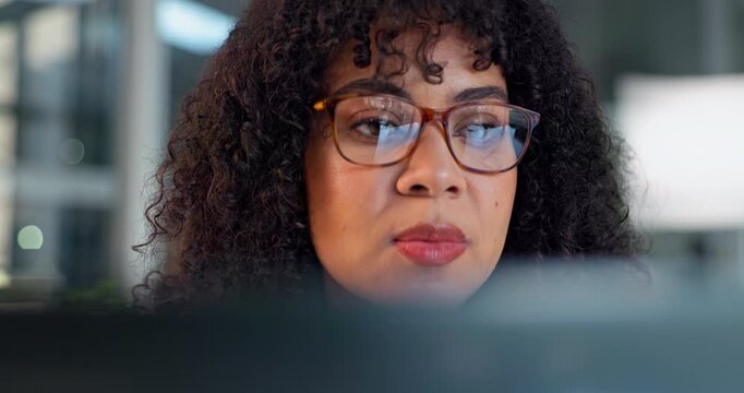 Review, laptop or woman in agency with glasses, client proposal or research on funding report. Reading, eyewear or finance advisor with tech, portfolio management or assessment of investment strategy