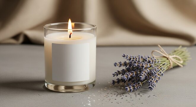 Aromatherapy candle with a burning wick and a bunch of dried lavender flowers on a grey textured surface for home relaxation