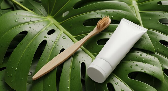 Bamboo Toothbrush and Blank White Toothpaste Tube on Green Monstera Leaf with Water Droplets for Eco-Friendly Oral Care