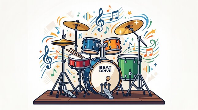 Colorful cartoon-style drum set illustration featuring bass drum, tom drums, cymbals, drumsticks, and musical notes on a wooden stage. 