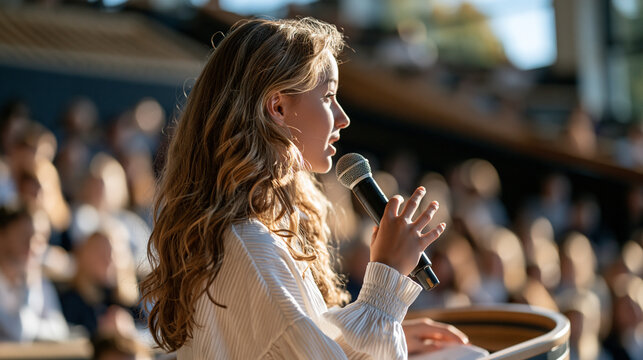 Over the shoulder view of a student presenting arguments with passion during a bright clean well lit debate competition public speaking concept education teamwork