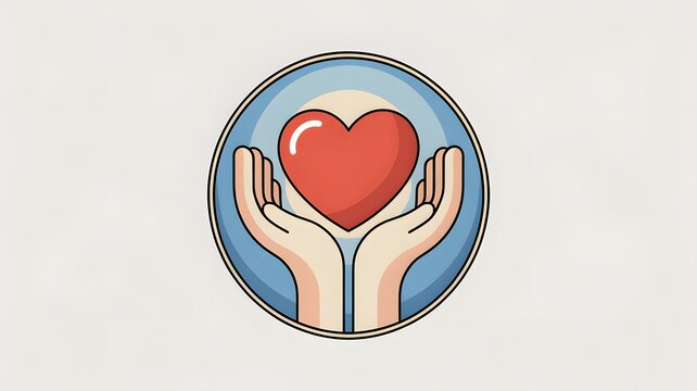 Caring hands holding a bright red heart symbol inside a circular frame representing love charity kindness support and medical care