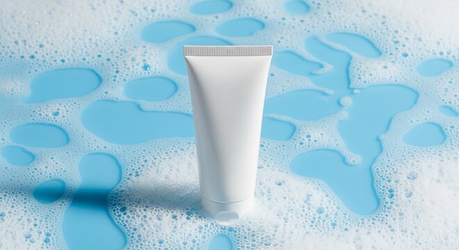 Blank white cosmetic tube standing in soft soap bubbles on a bright blue background for skincare product advertising photography
