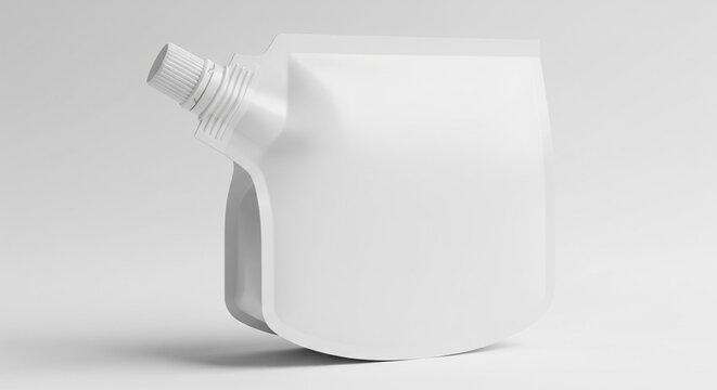Blank white doy-pack pouch with a plastic screw cap for liquid product packaging, isolated on a studio background
