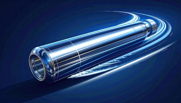 Metallic futuristic cylinder with blue light trails.