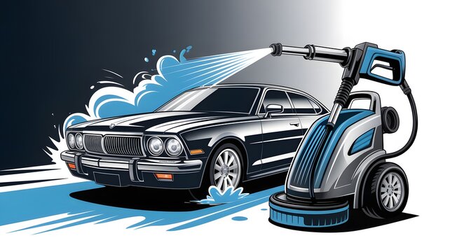 Powerful high pressure washer cleaning a shiny black luxury sedan using focused water spray for a spotless automotive detailing service