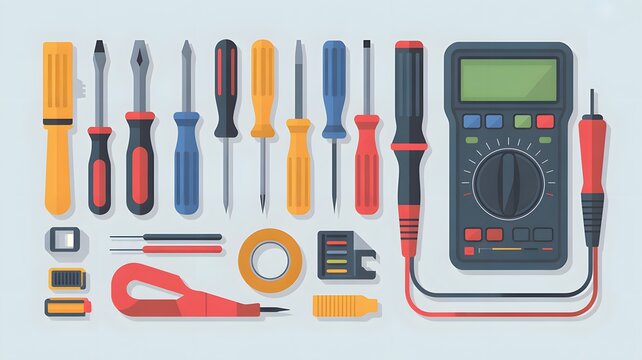 Assorted colorful screwdrivers alongside digital multimeter and various electrical repair components arranged neatly on a flat light blue background surface