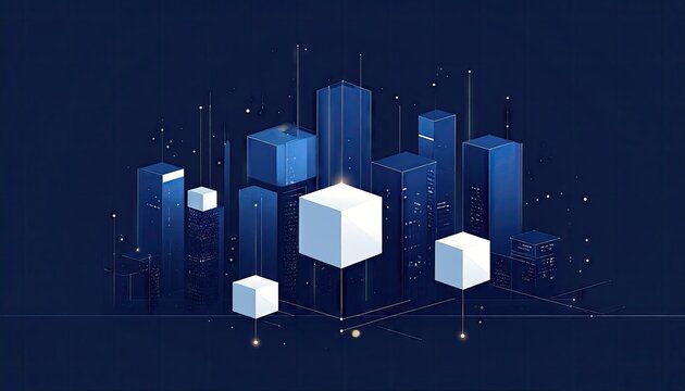 Modern cityscape with floating 3D white cubes