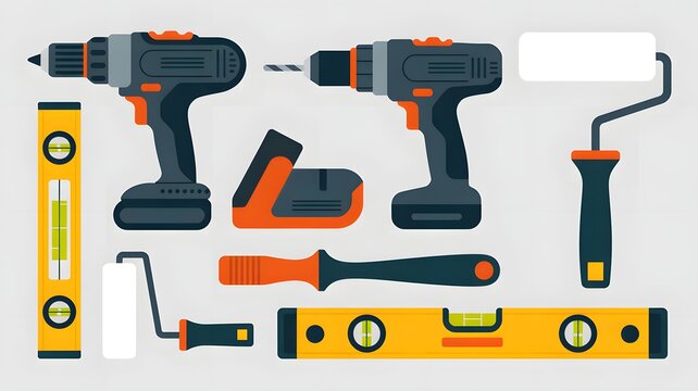 Professional construction tools featuring orange and dark grey cordless drills paint rollers spirit levels arranged neatly on light grey background